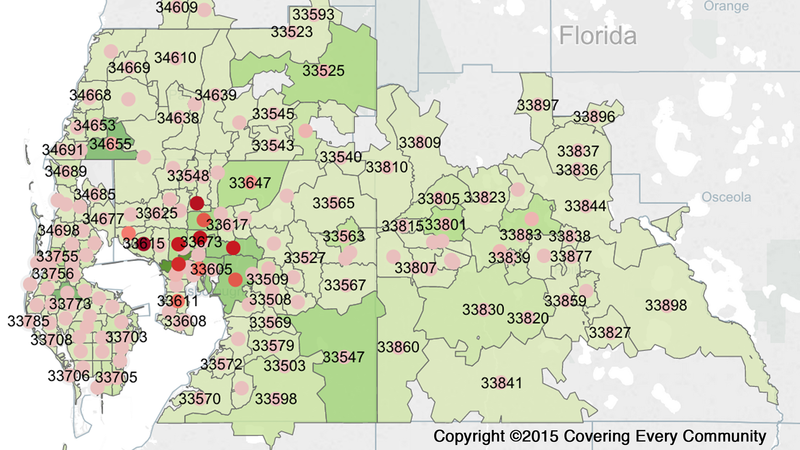 A heat map shows the outreach efforts around Tampa, Fla.